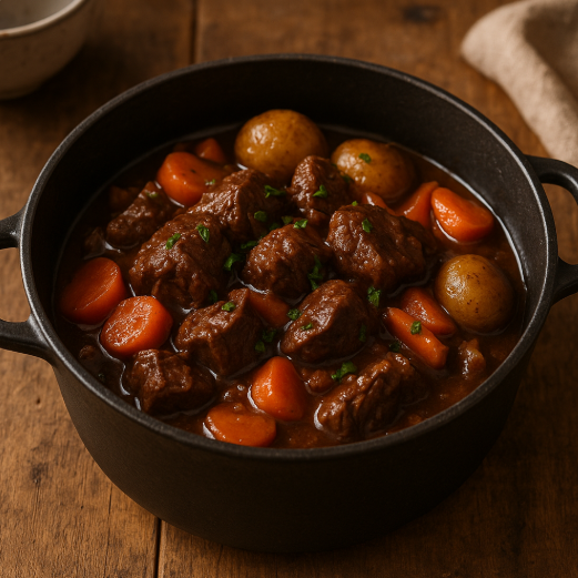 Bœuf bourguignon maison mijoté en cocotte avec pommes de terre et carottes, sauce fondante et décor rustique sur table en bois.