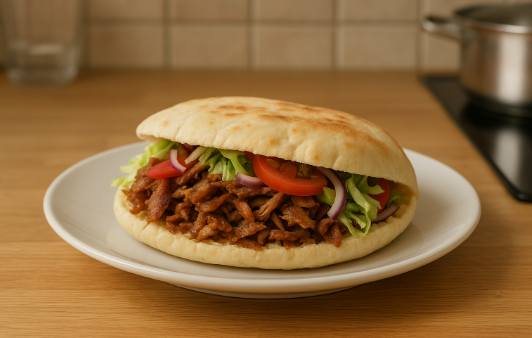 Kebab maison simple sur assiette blanche avec viande, crudités et pain moelleux, posé sur plan de travail bois clair.