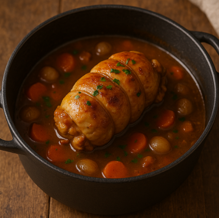 Paupiette de poulet maison dans une cocotte, nappée de sauce fondante avec carottes et oignons, servie sur fond rustique en bois.