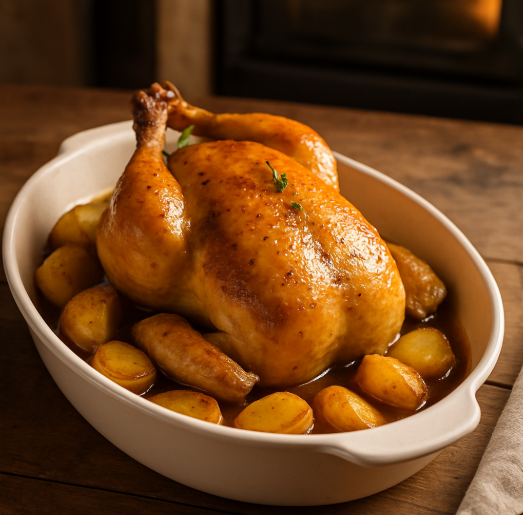 Poularde entière rôtie au four, dorée et croustillante, servie dans un plat avec pommes de terre fondantes et herbes fraîches, sur une table rustique.