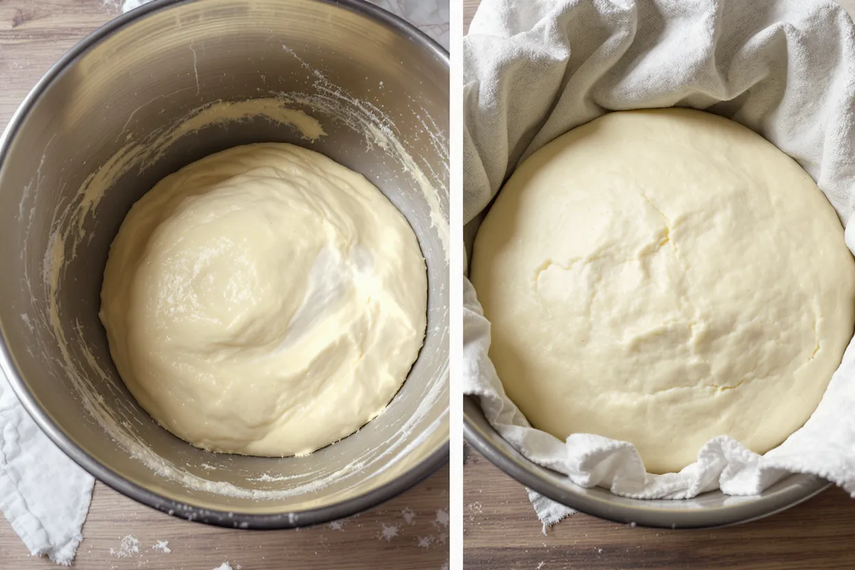 photo comparative avant/après d’un saladier de pâte à brioche, à gauche pâte compacte avant levée, à droite pâte bien gonflée après levée, tissu de cuisine posé dessus