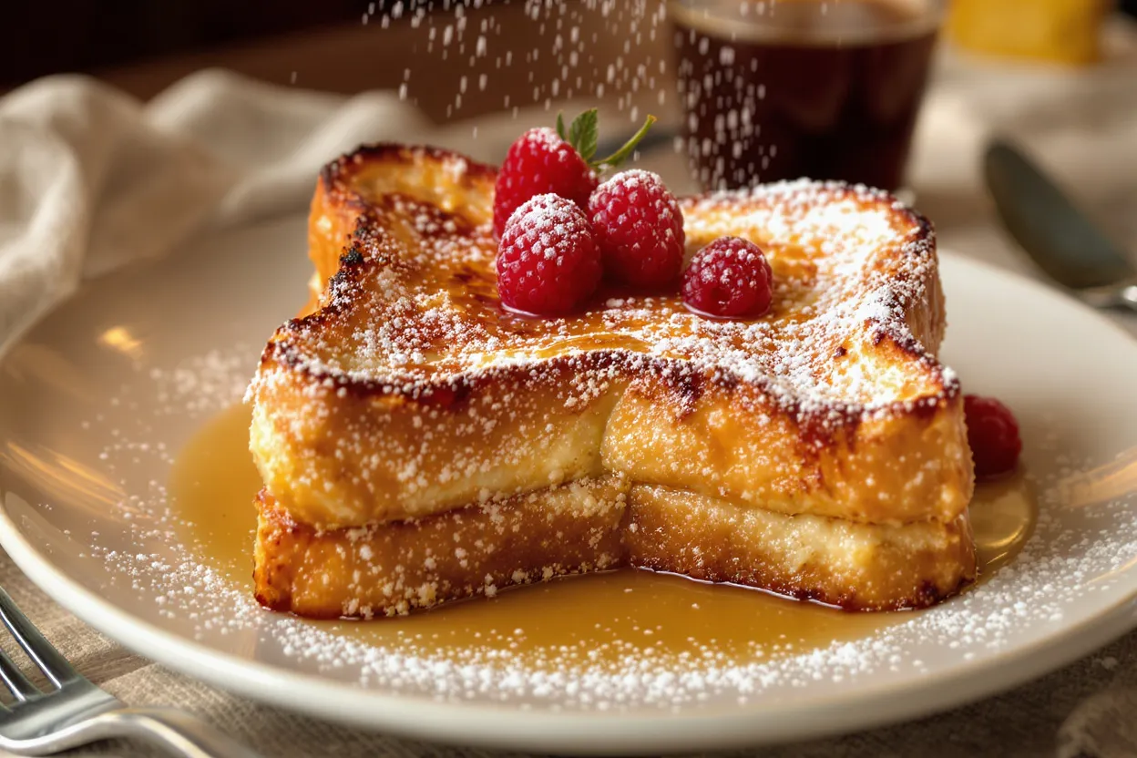 assiette de pain perdu doré préparé avec de la brioche ratée, saupoudré de sucre glace, décorée avec des fruits rouges, ambiance cosy