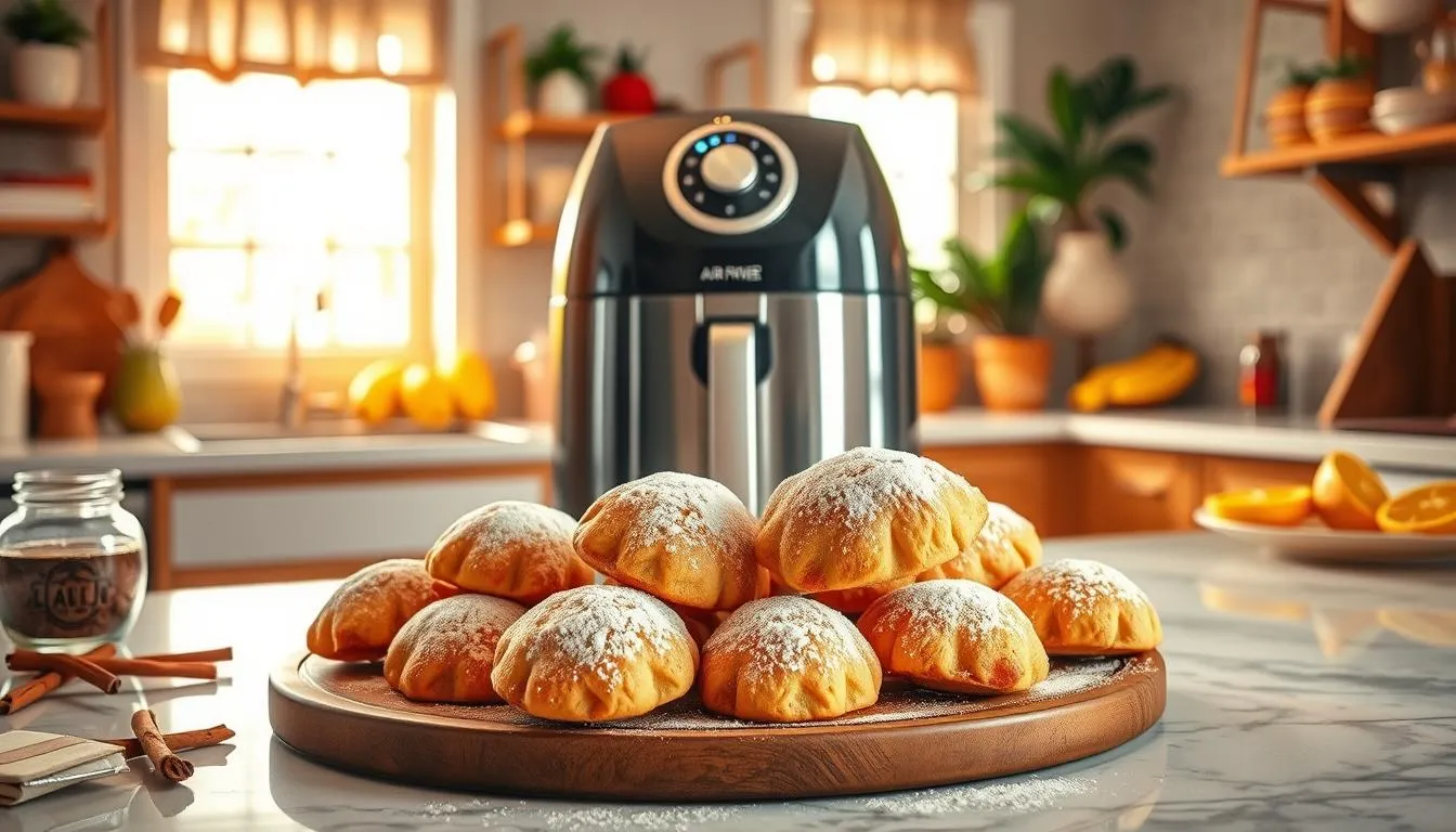 Assortiment de beignets dorés et sucrés préparés dans une friteuse à air moderne posée sur une table de cuisine ensoleillée