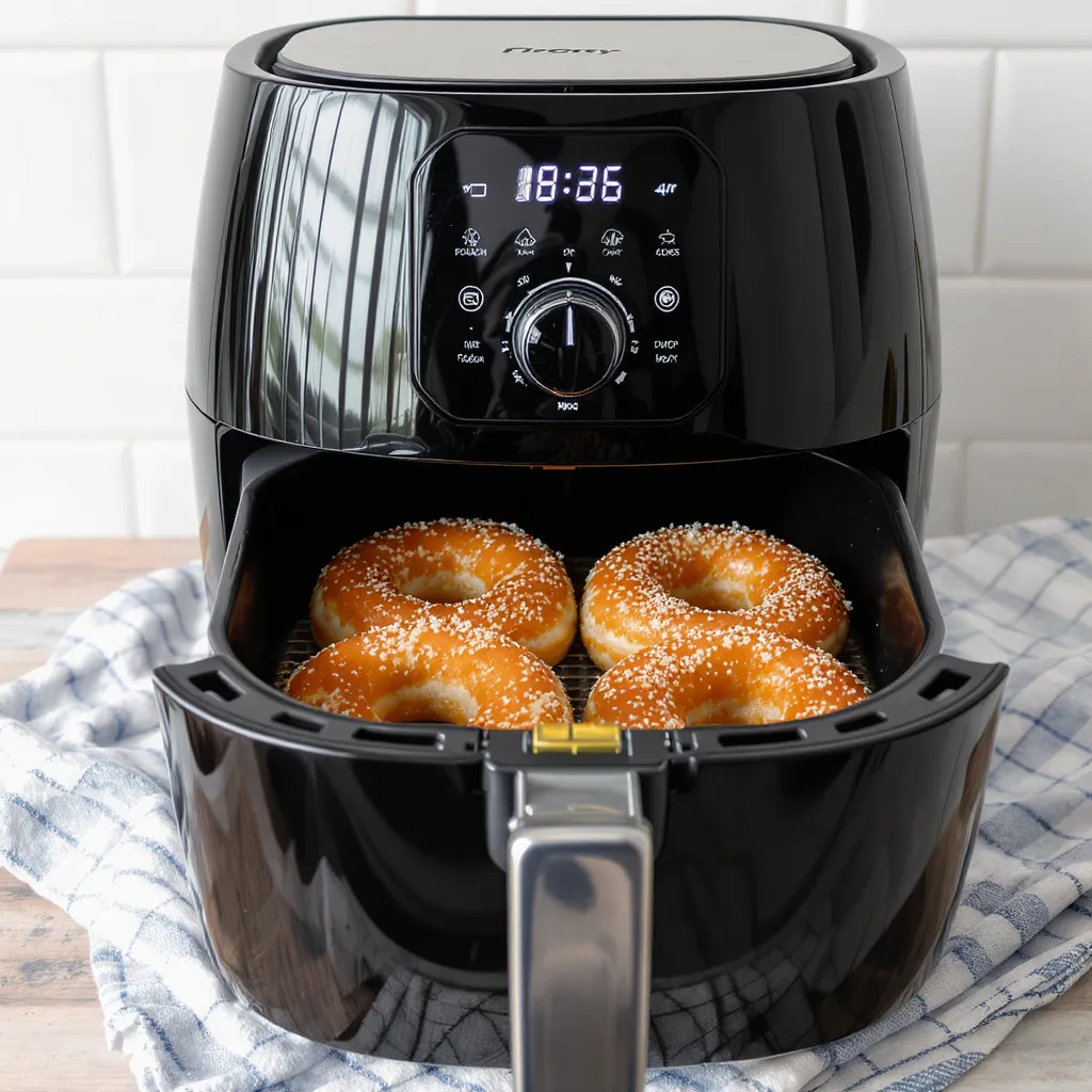 Friteuse à air noire avec affichage digital contenant plusieurs donuts dorés saupoudrés de sucre
