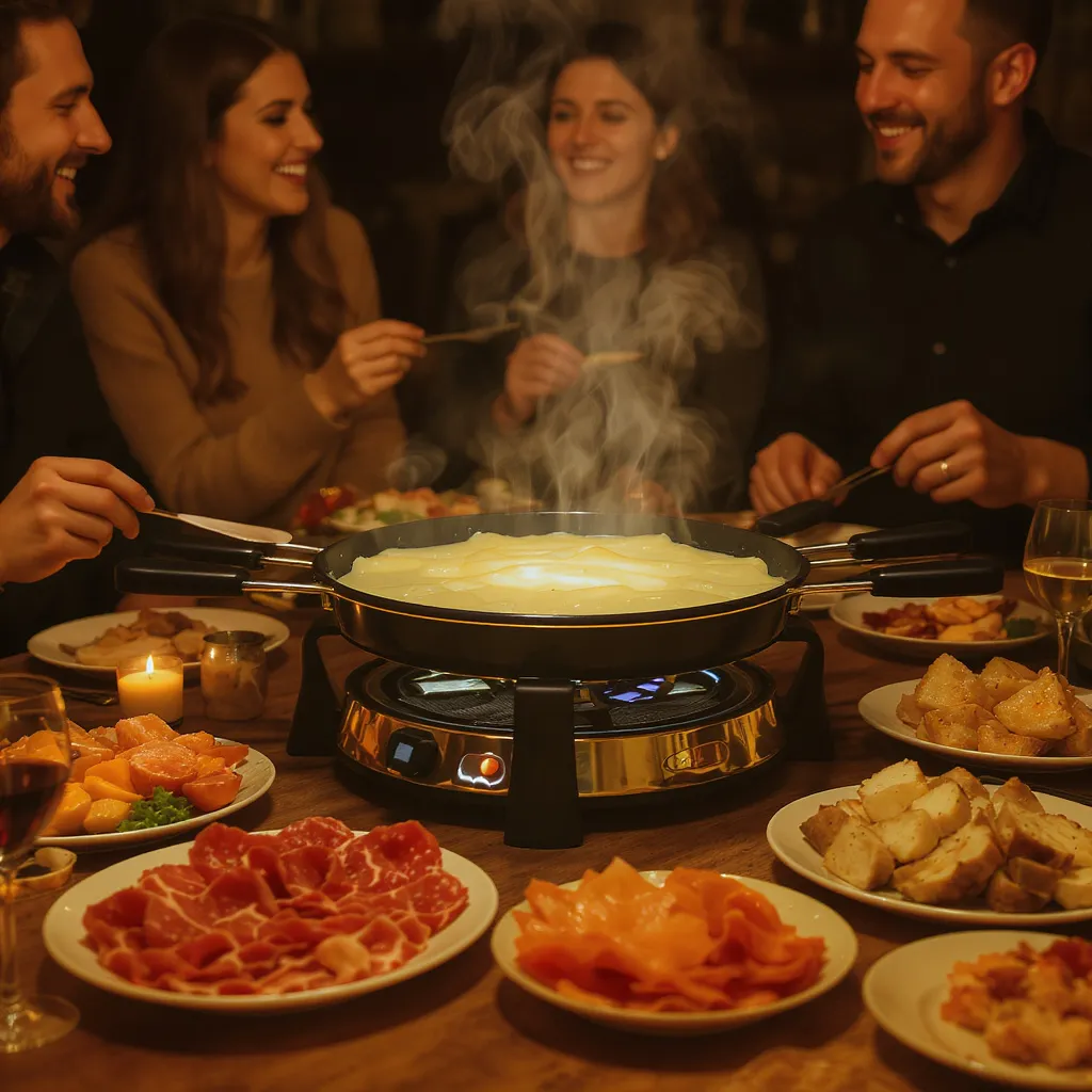 Table de raclette conviviale avec pommes de terre, fromage fondu et charcuterie, ambiance chaleureuse entre amis.