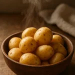 Pommes de terre vapeur servies chaudes dans un bol rustique, prêtes à accompagner une raclette conviviale d’hiver.