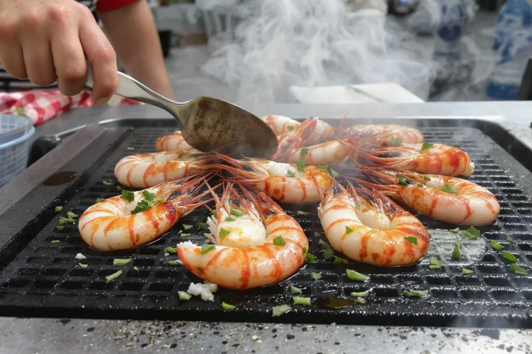 Langoustines en train de griller sur une plancha avec huile d’olive et persil, fumée légère, ambiance conviviale d’été, style photo culinaire appétissant.