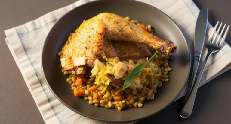 Cuisse de pintade braisée sur lentilles vertes, carottes et poireaux, assiette sombre, sauge, ambiance rustique chaleureuse