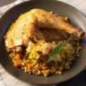Cuisse de pintade braisée sur lentilles vertes, carottes et poireaux, assiette sombre, sauge, ambiance rustique chaleureuse