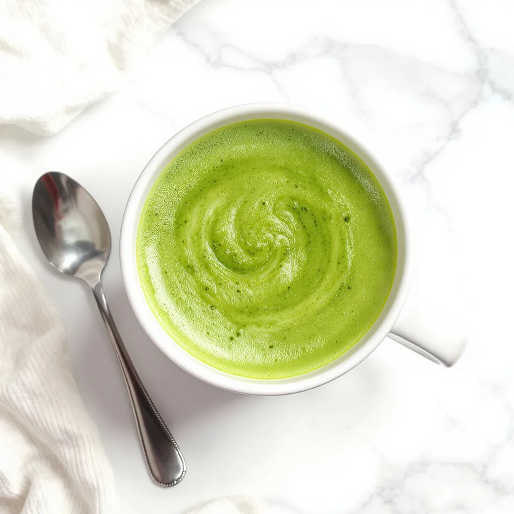 Matcha latte vert onctueux dans une tasse blanche sur fond marbré