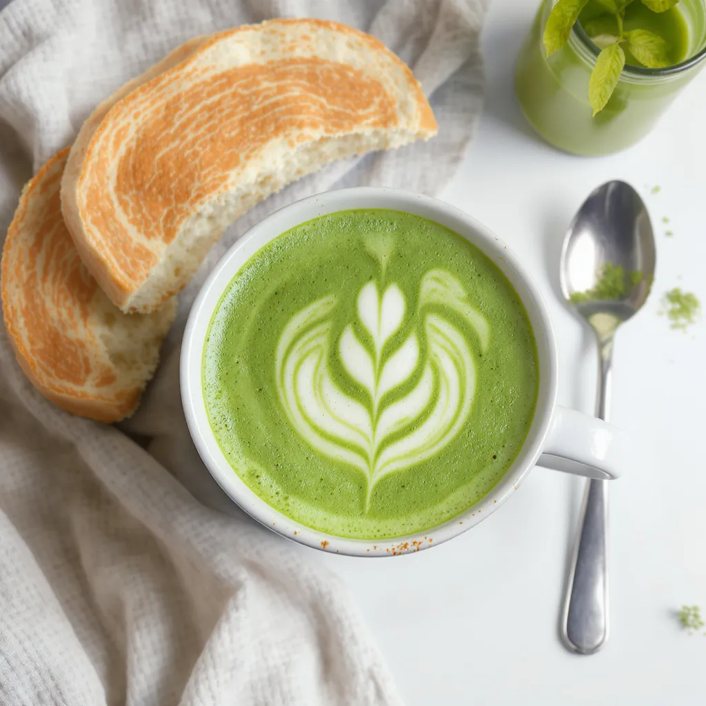 Tasse de matcha latte crémeux décoré d’un motif latte art, servie avec une tranche de pain