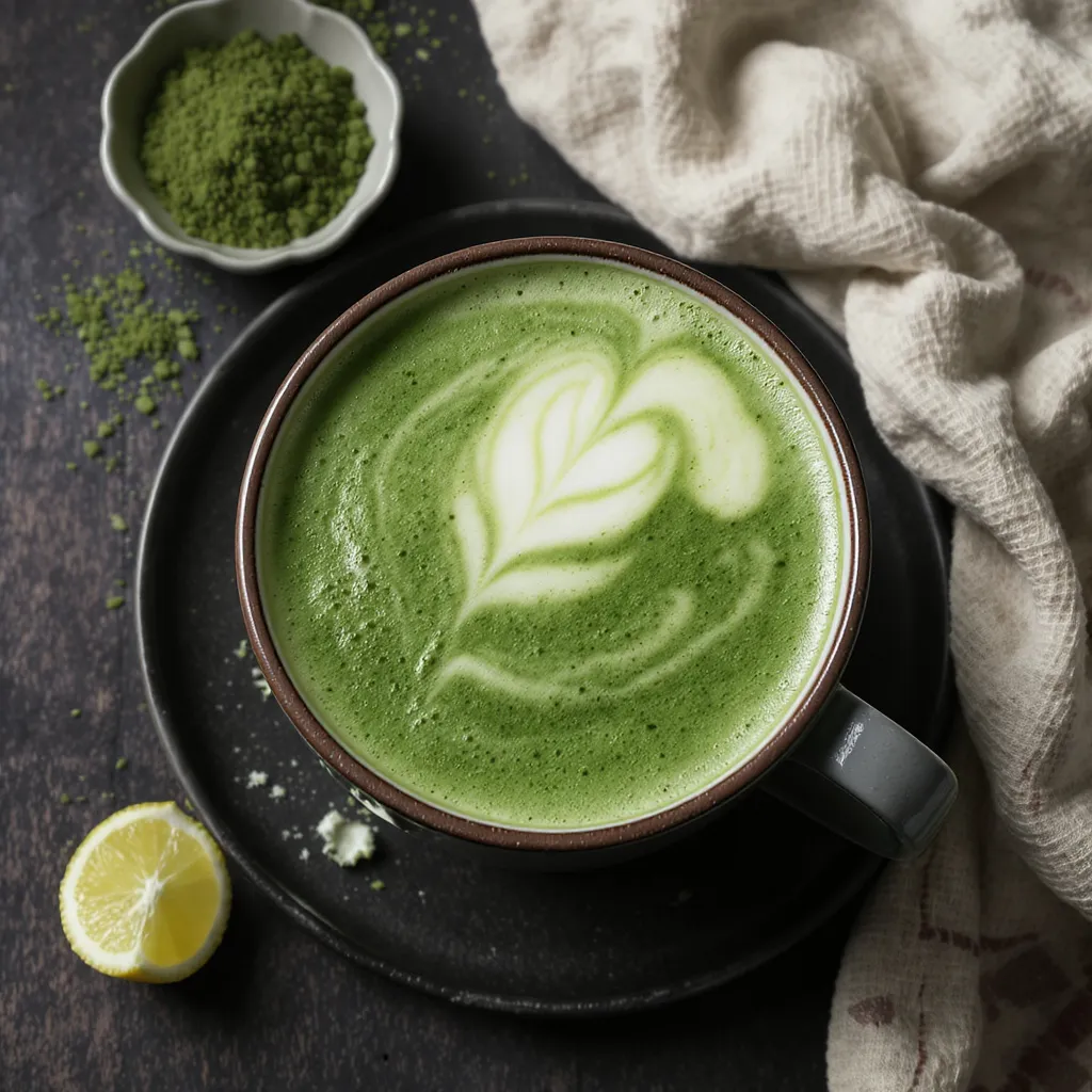 Matcha latte avec motif latte art, entouré de poudre de matcha et d’un quartier de citron