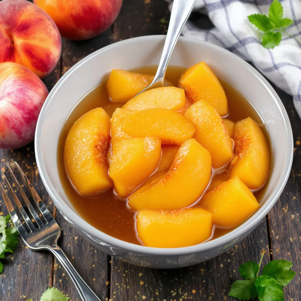 Bol de pêches au sirop maison servies avec leur jus doré