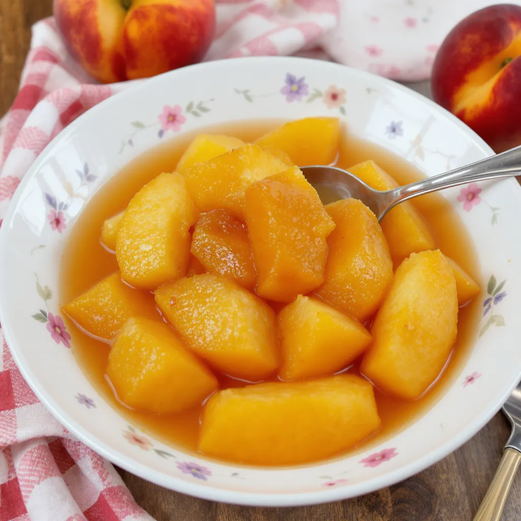 Pêches au sirop dorées dans un bol fleuri avec cuillère