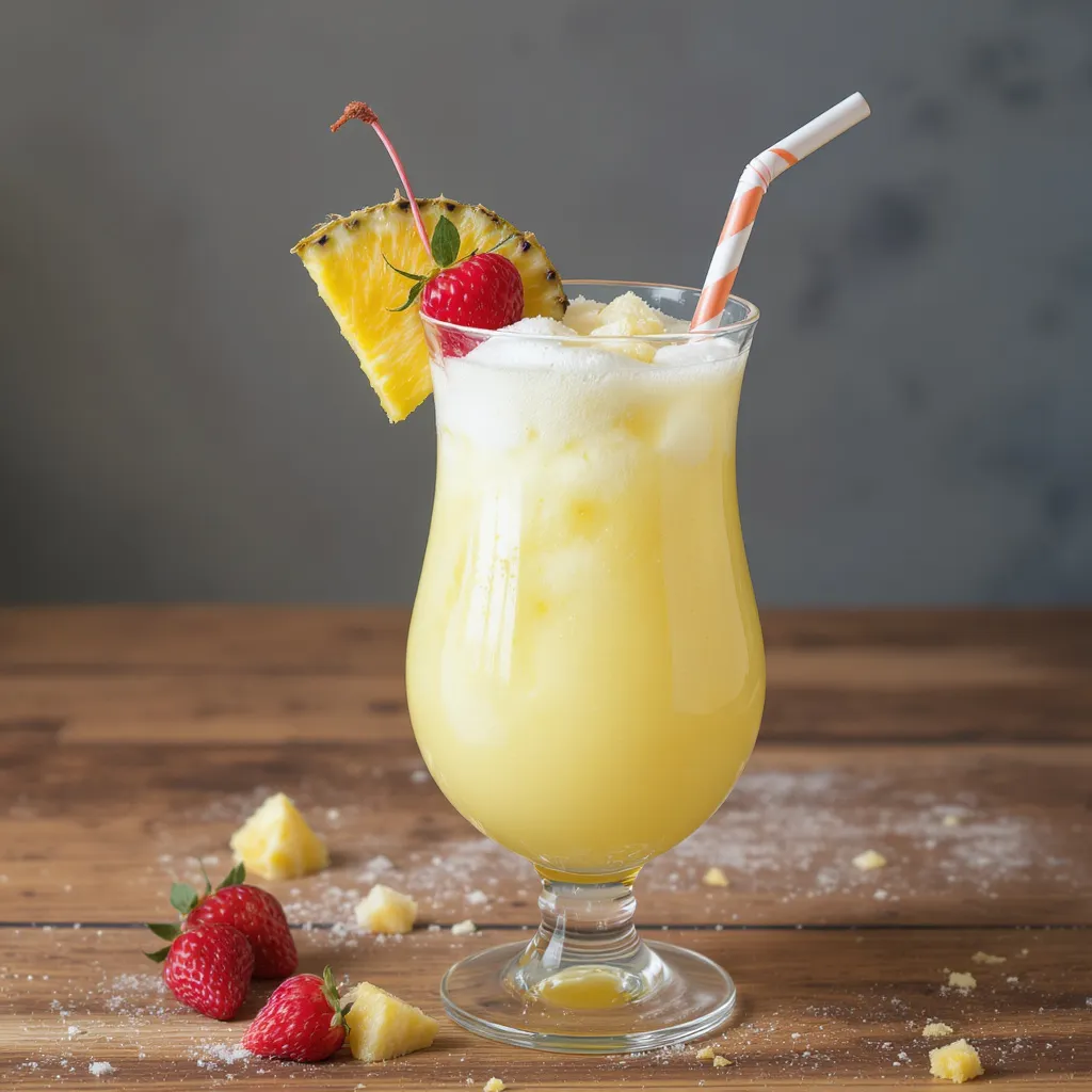 Verre de piña colada sans alcool garni d’ananas et framboise sur une table en bois