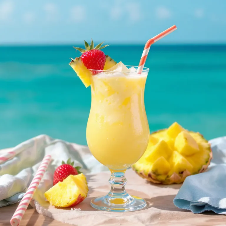 Piña colada sans alcool servie sur la plage avec morceaux d’ananas et framboise au bord de mer