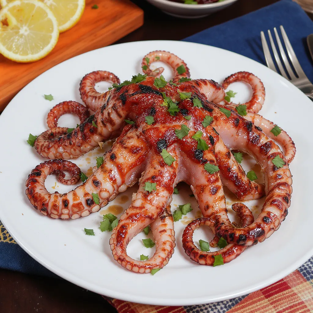 Poulpe grillé entier servi sur une assiette avec citron et persil frais