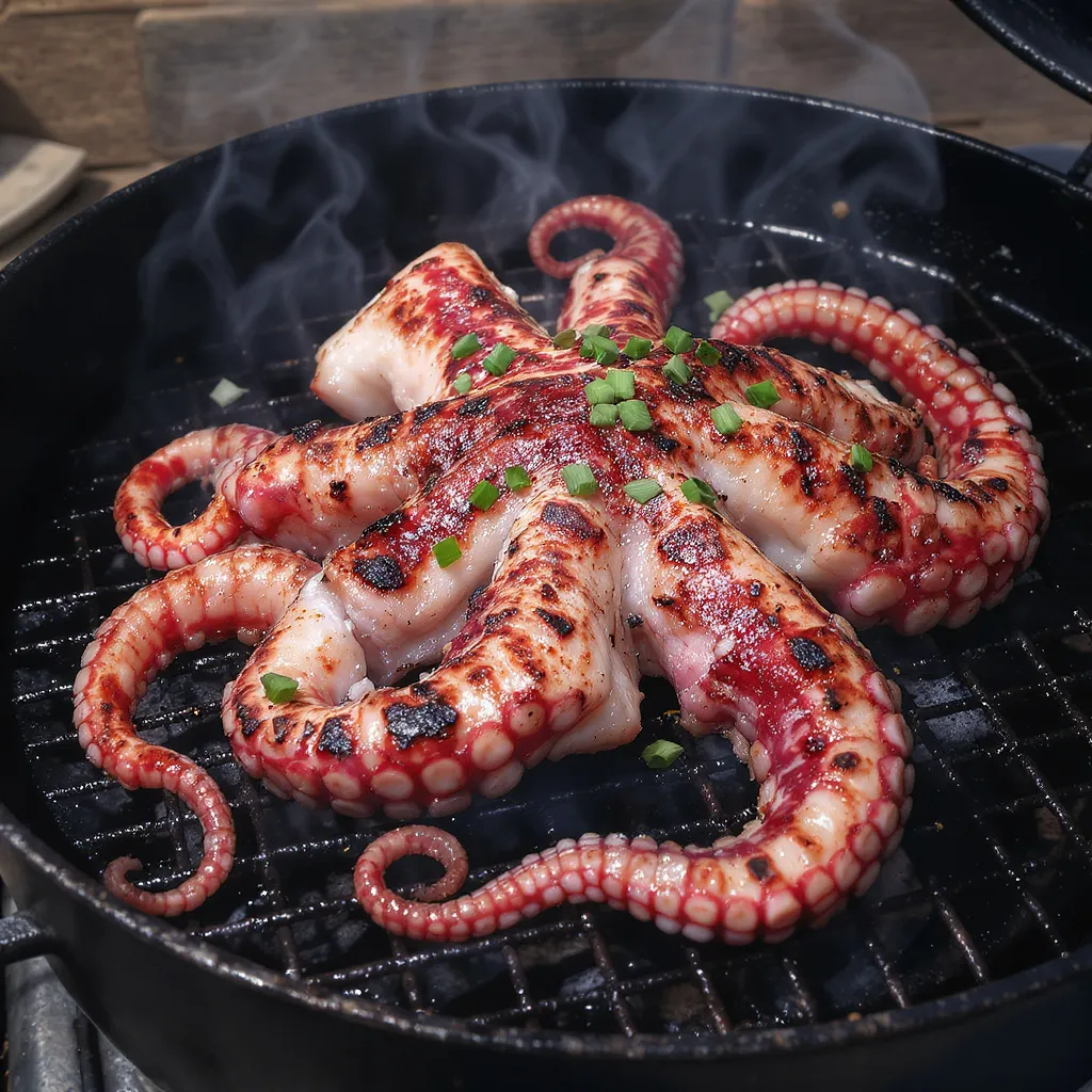Poulpe entier grillé sur barbecue avec herbes fraîches