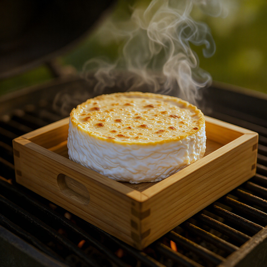 Camembert entier en boîte de bois posé sur un barbecue, croûte dorée avec un cœur fondant prêt à déguster