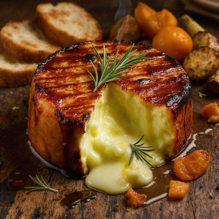 Camembert au barbecue ouvert avec fromage coulant, parfumé au romarin et miel, servi avec pain grillé et légumes