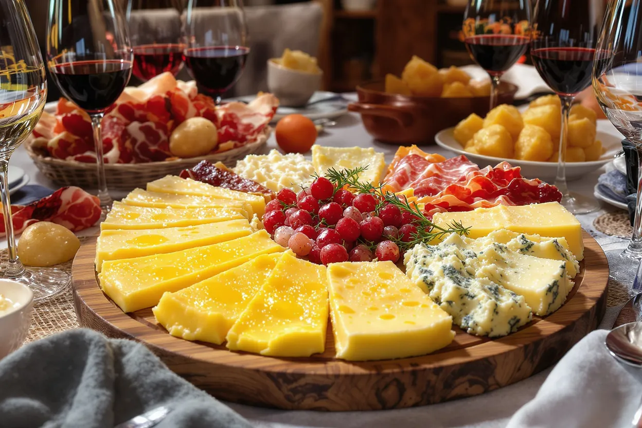 Plateau varié de fromages pour raclette avec pommes de terre et charcuterie dans une ambiance conviviale