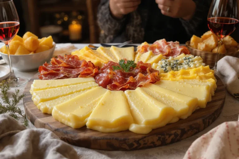 Grand plateau de fromages à raclette variés (raclette AOP, morbier, reblochon, bleu, chèvre), avec pommes de terre vapeur et charcuterie rustique