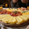 Grand plateau de fromages à raclette variés (raclette AOP, morbier, reblochon, bleu, chèvre), avec pommes de terre vapeur et charcuterie rustique