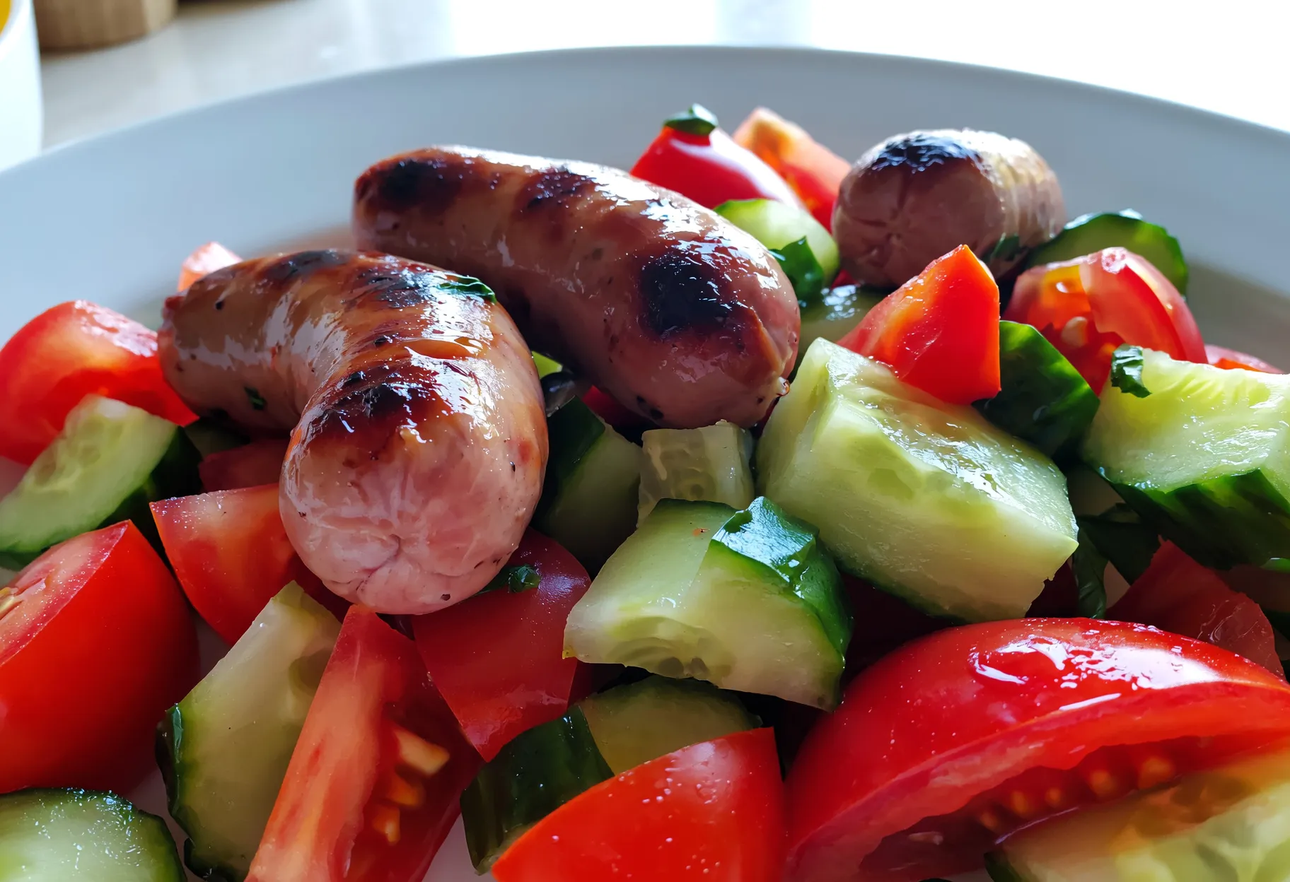 Salade colorée de tomates, concombre et herbes pour accompagner des saucisses