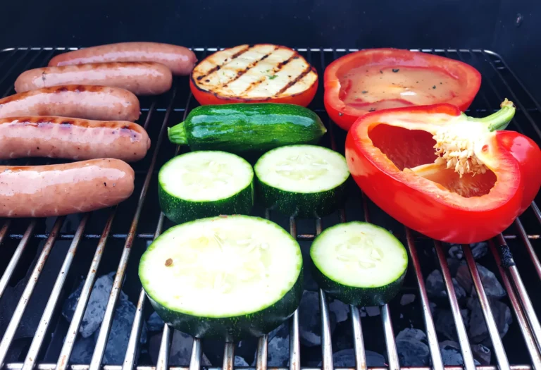 Poivrons, courgettes et tomates grillées au barbecue pour accompagner des saucisses