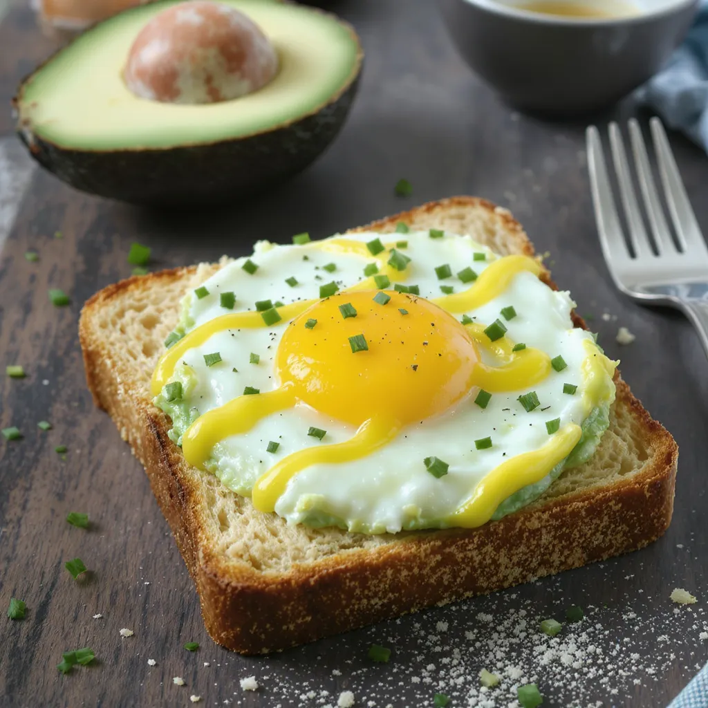 Toast croustillant à l’avocat et œuf au plat, parsemé de ciboulette et sel de mer