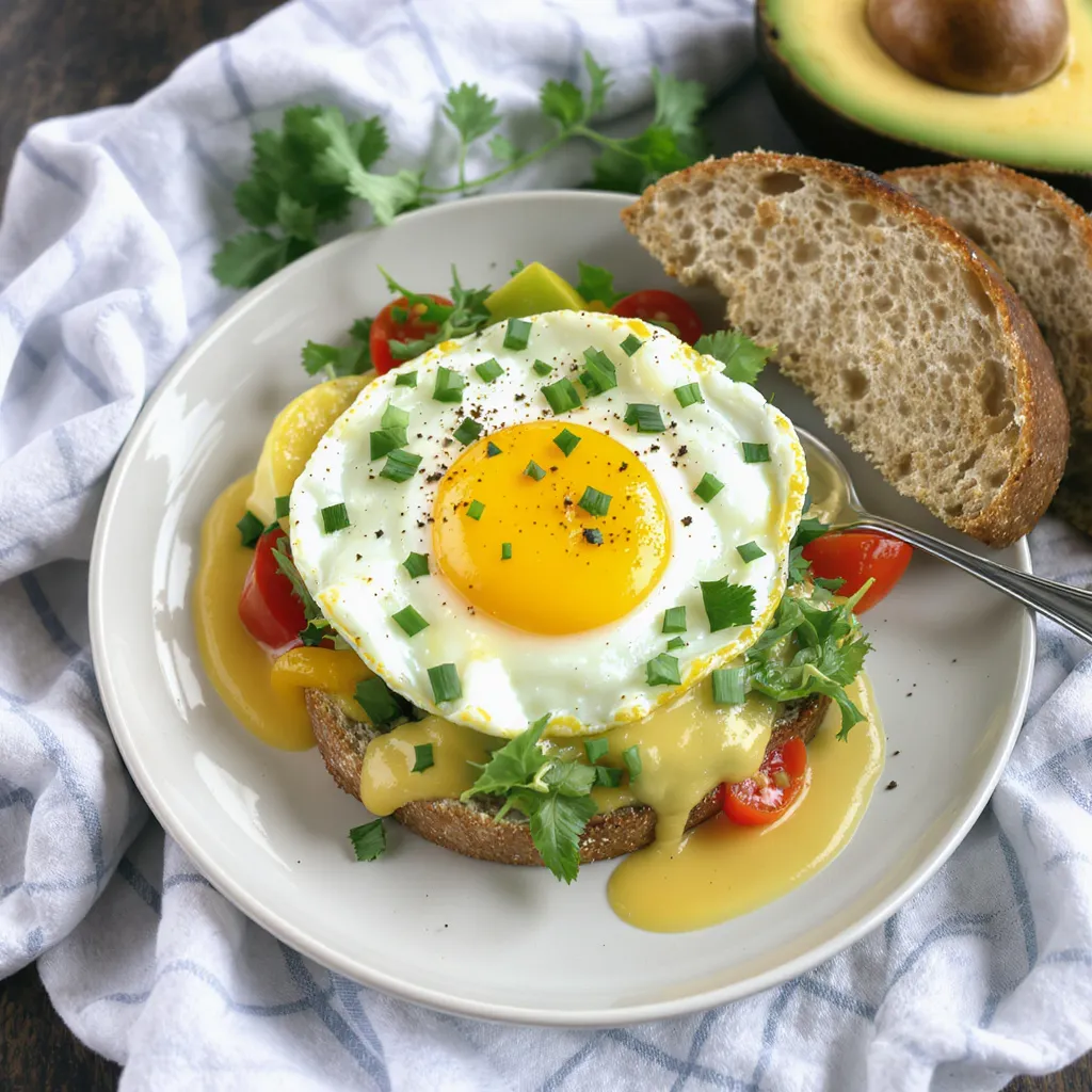Toast avocat et œuf au plat avec tomates cerises et ciboulette, brunch équilibré et coloré