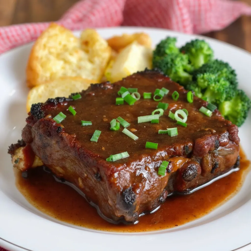 Basse côte de bœuf caramélisée en cocotte, nappée de jus, servie avec brocoli et gratin de pommes de terre