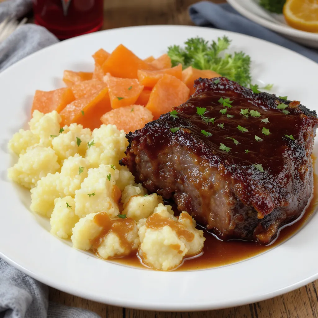 Basse côte de bœuf braisée, nappée de jus, avec purée maison, carottes et chou-fleur vapeur pour un plat mijoté