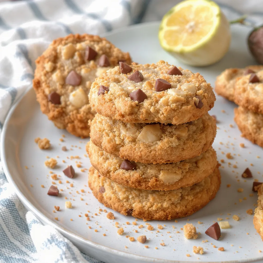 Cookies healthy aux flocons d’avoine, sans beurre, empilés sur assiette avec éclats croquants et zeste de citron