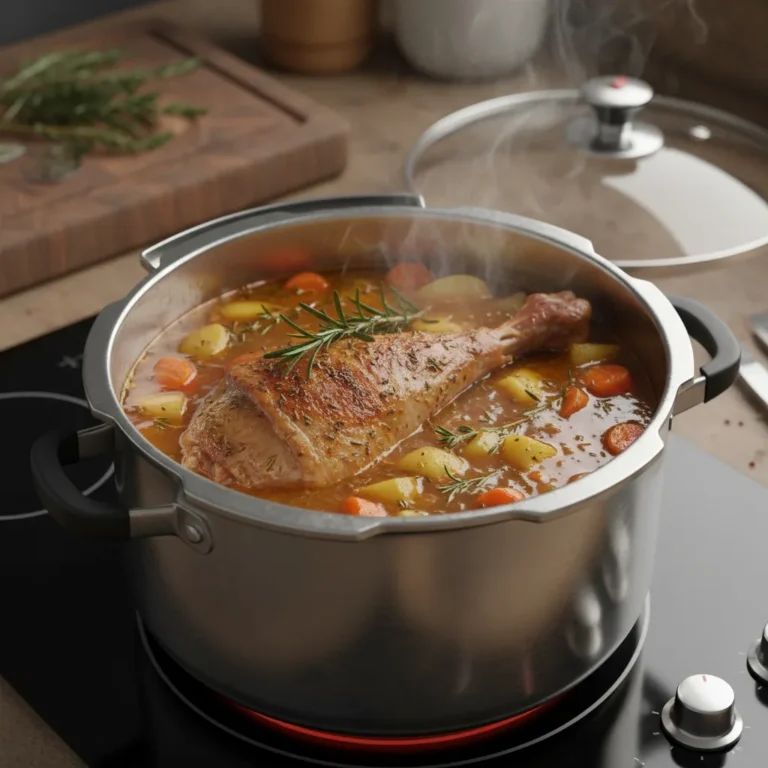 Cuisse de dinde braisée en cocotte avec carottes, pommes de terre et romarin dans un bouillon parfumé Légende :