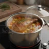Cuisse de dinde braisée en cocotte avec carottes, pommes de terre et romarin dans un bouillon parfumé Légende :