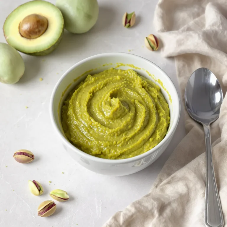 Purée pistache et avocat dans un petit bol, entourée de pistaches et d’avocat frais.
