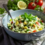 Bol de taboulé méditerranéen décoré de feuilles de menthe et accompagné de légumes croquants