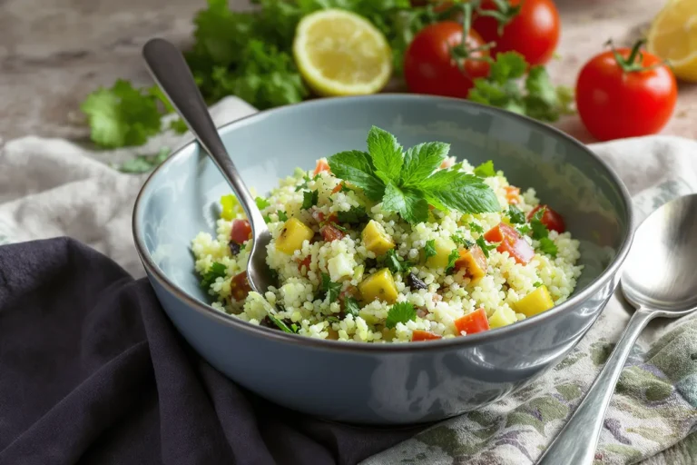 Bol de taboulé méditerranéen décoré de feuilles de menthe et accompagné de légumes croquants