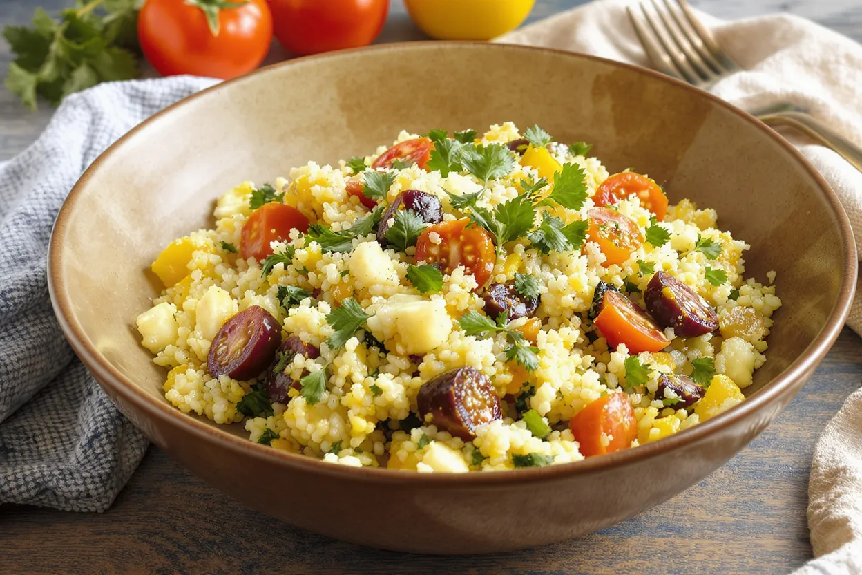 Bol de taboulé méditerranéen avec tomates cerises, olives et persil frais