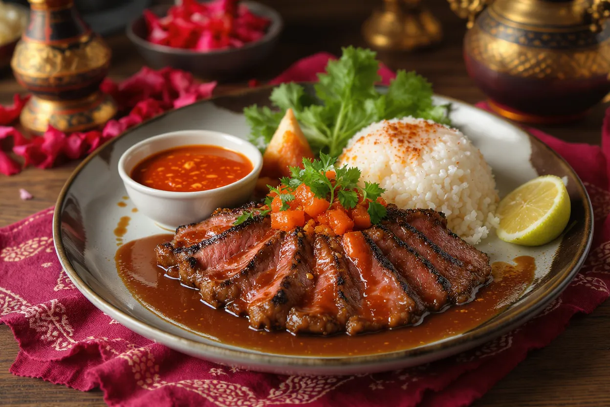 Plat thaïlandais tigre qui pleure servi avec sauce épicée et riz gluant