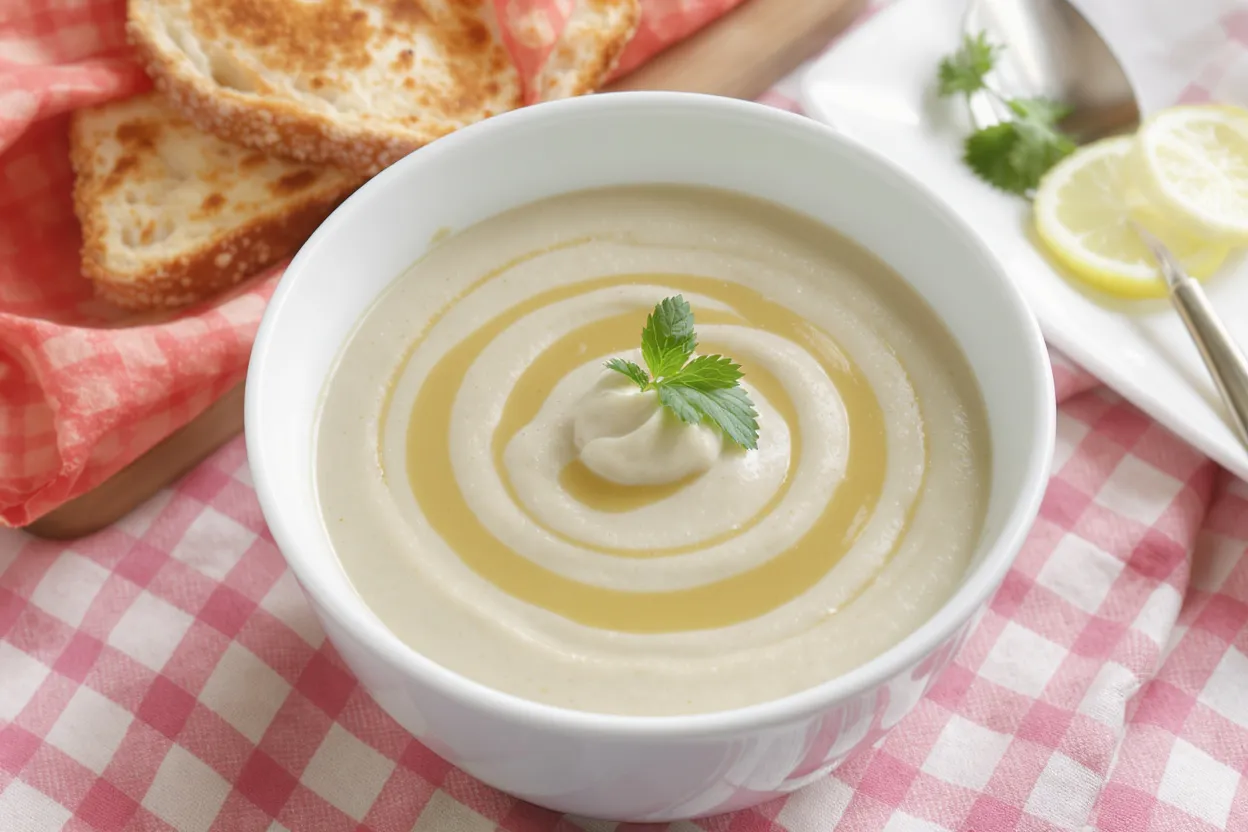 Superbe houmous au tahin décorer d'une feuille de menthe