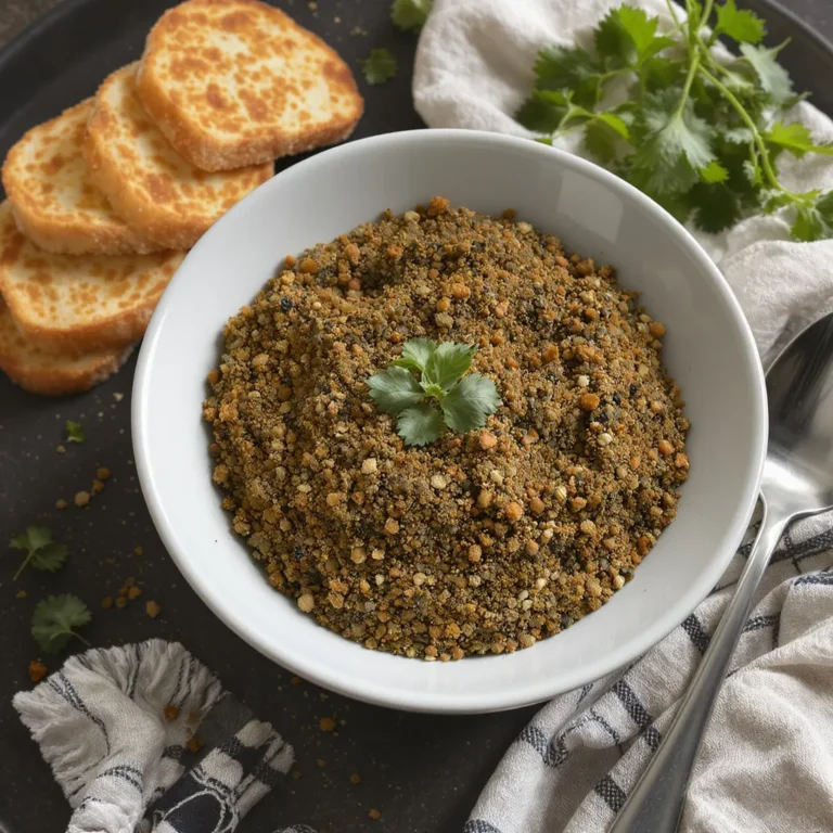 Mélange de zaatar maison dans un bol blanc accompagné de tranches de pain grillé