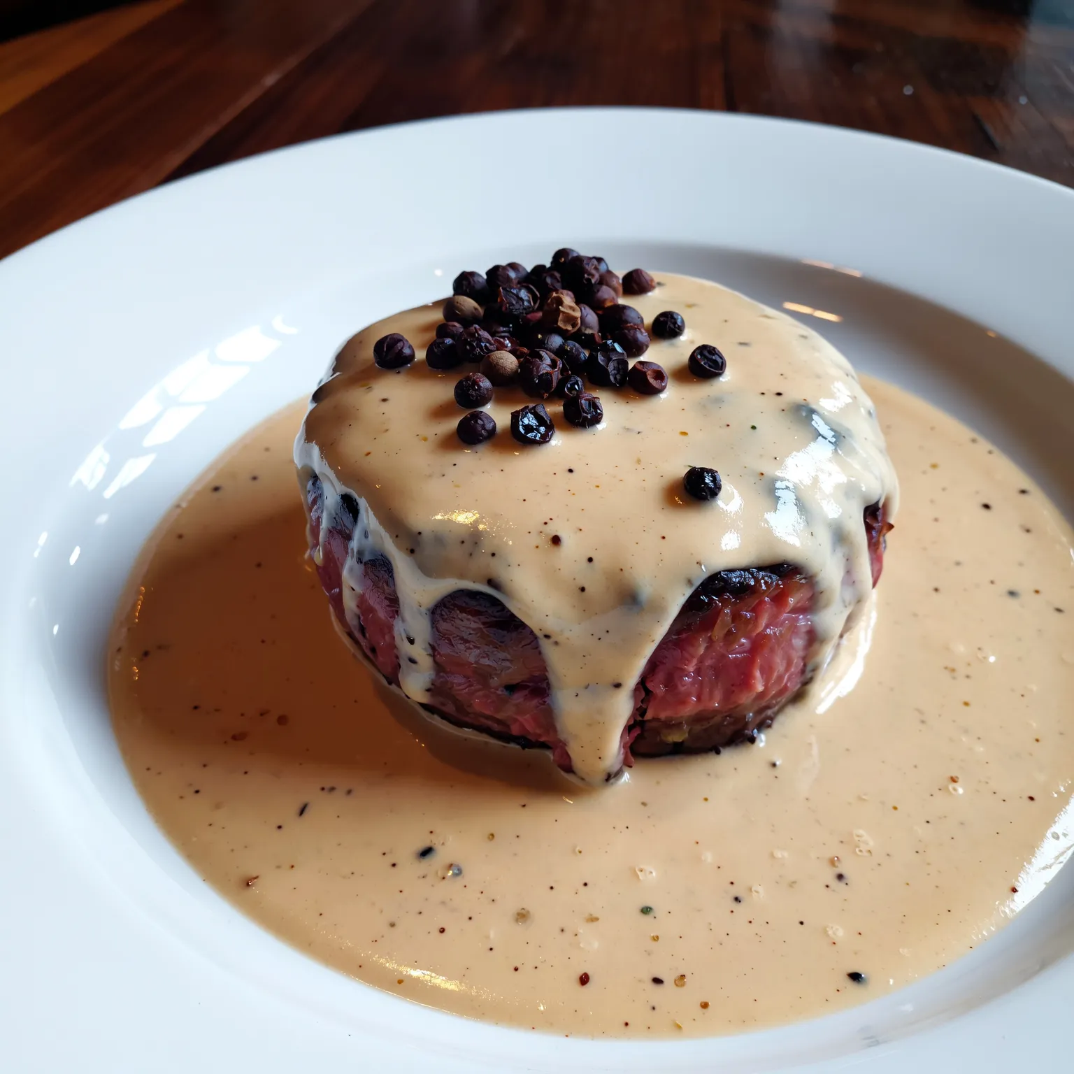 Tournedos de bœuf nappé d’une sauce au poivre crémeuse et relevée, servi en assiette raffinée.