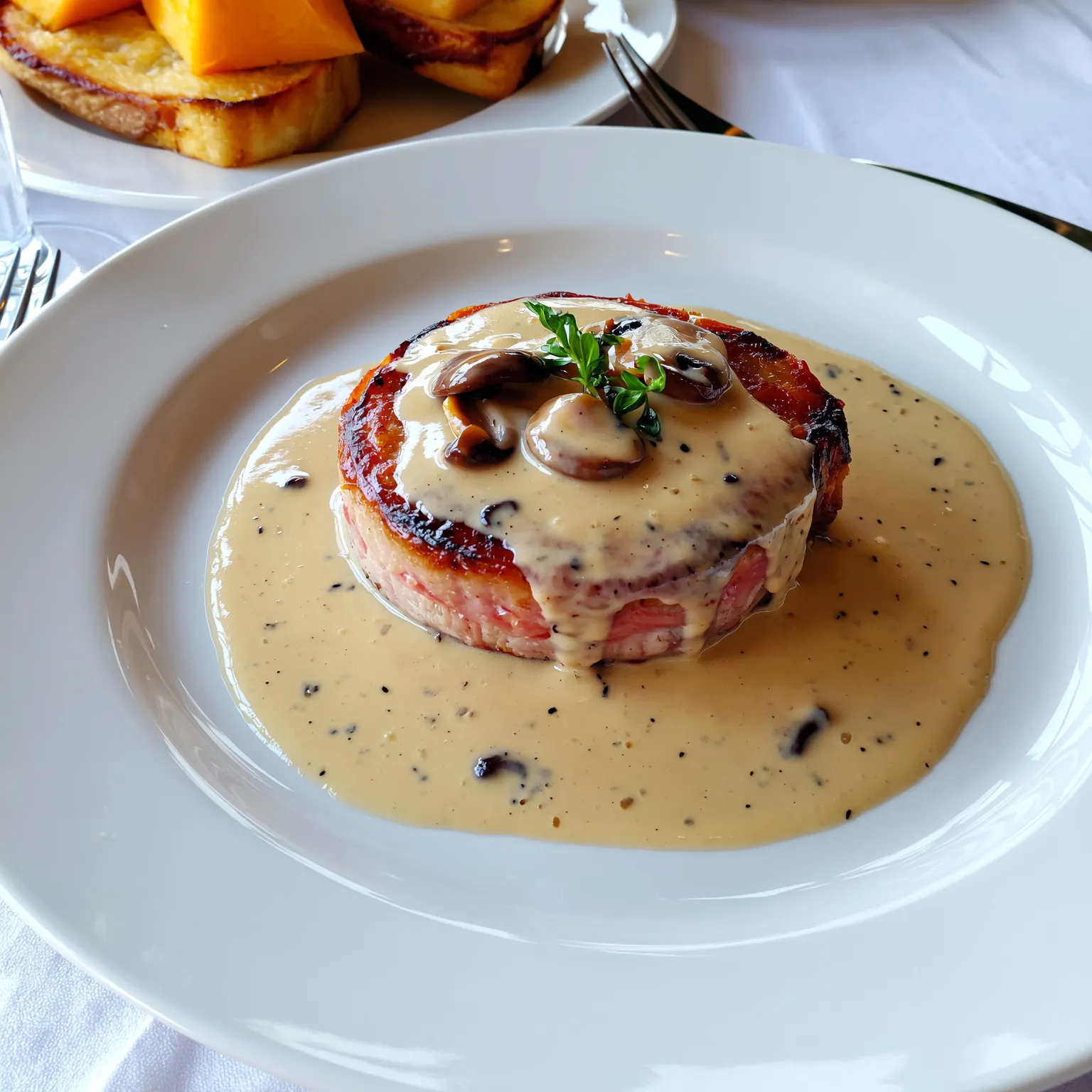 Tournedos de bœuf nappé de sauce aux morilles onctueuse, avec champignons fondants et crème légère