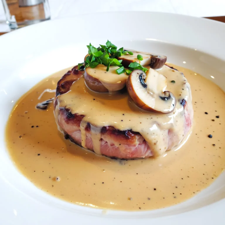Tournedos de bœuf nappé de sauce aux morilles onctueuse, avec champignons fondants et crème légère.