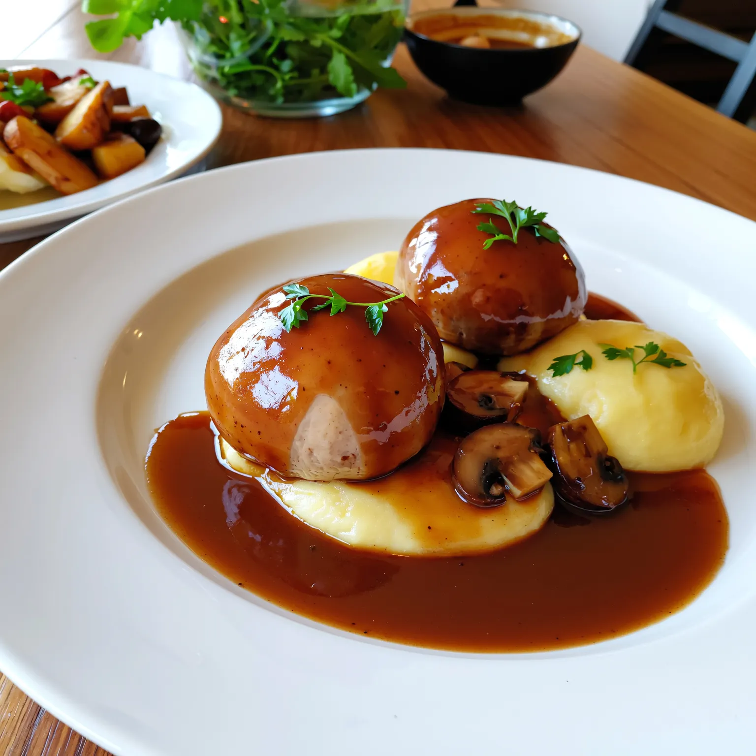 Assiette chic avec paupiettes de veau nappées de sauce, accompagnées de purée de panais et de champignons sautés, ambiance gastronomique élégante