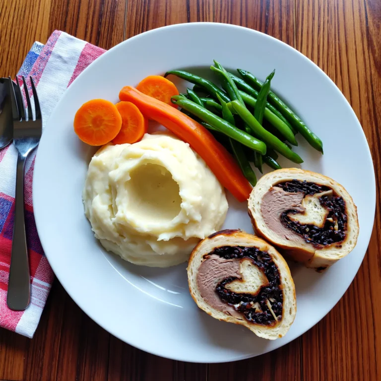 Assiette familiale avec paupiettes de veau, purée de pommes de terre, carottes et haricots verts.
