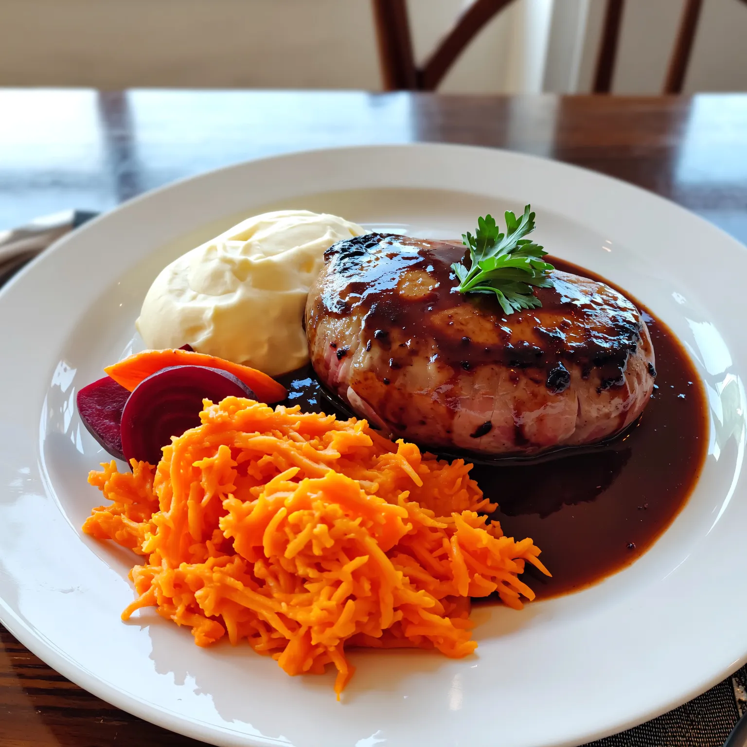 Assiette gourmande avec tournedos de bœuf servi avec purée crémeuse et légumes rôtis au four (carottes, betteraves, patates douces), couleurs chaleureuses