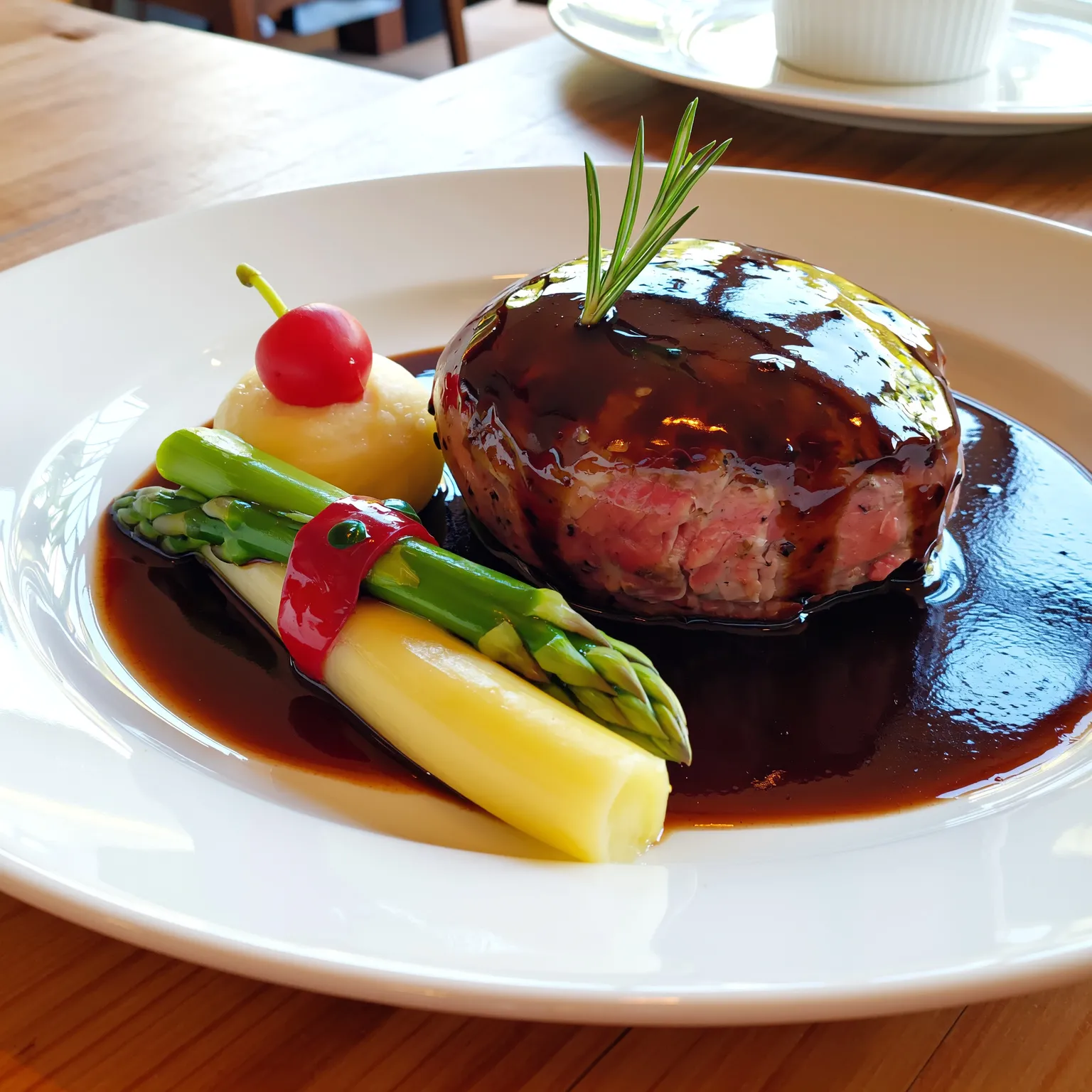 Assiette chic de tournedos de bœuf avec asperges vertes, purée de panais et champignons morilles.